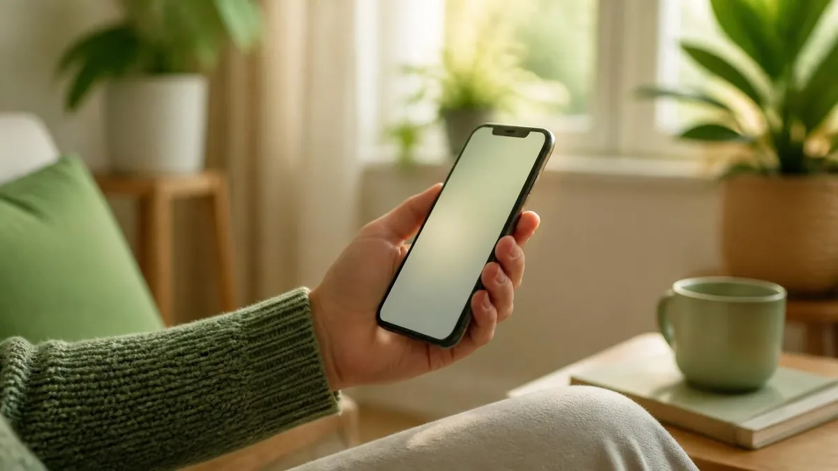 Persona con un teléfono móvil en la mano, en casa